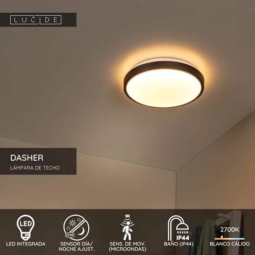 Lucide DASHER - Lámpara de techo Baño - Ø 29,3 cm - LED - 1x12W 2700K - IP44 - Sensor movimiento - Negro - USP